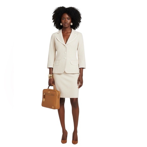Nine West Dresses & Skirts - 2 Piece Nine West Suite Pin-Striped Tan Cream Women's Blazer & Skirt Size: 10